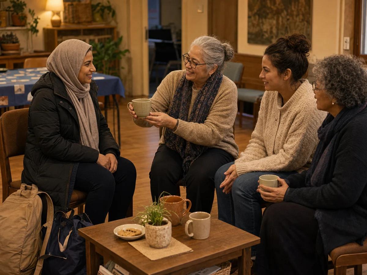 People welcoming a newcomer with tea and practical help.