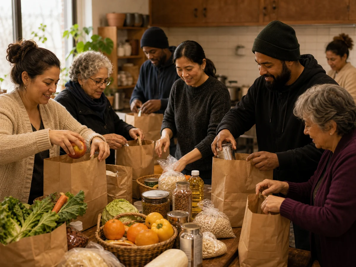 Volunteers sorting groceries for local deliveries.