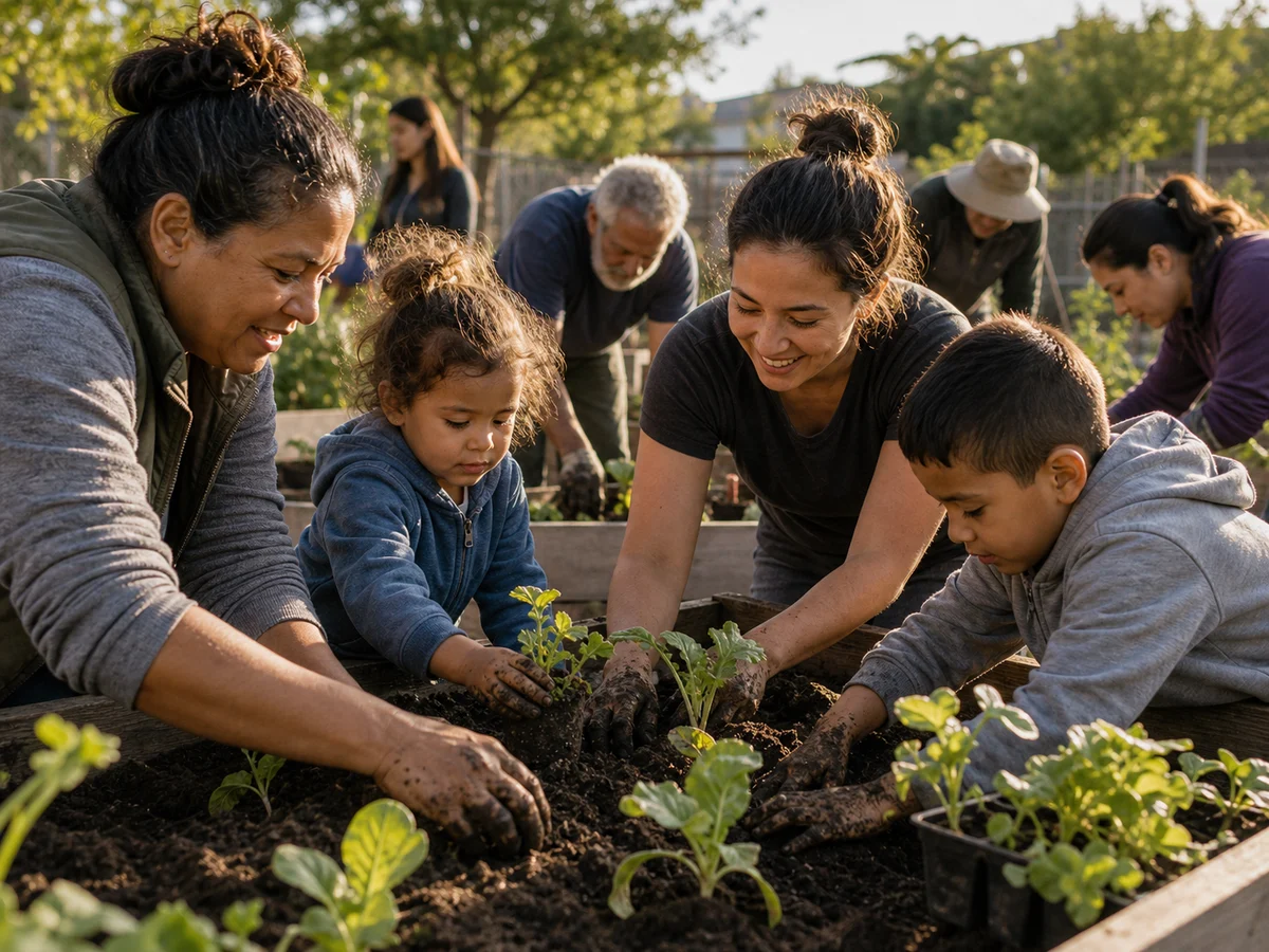 Children and adults planting seedlings together.
