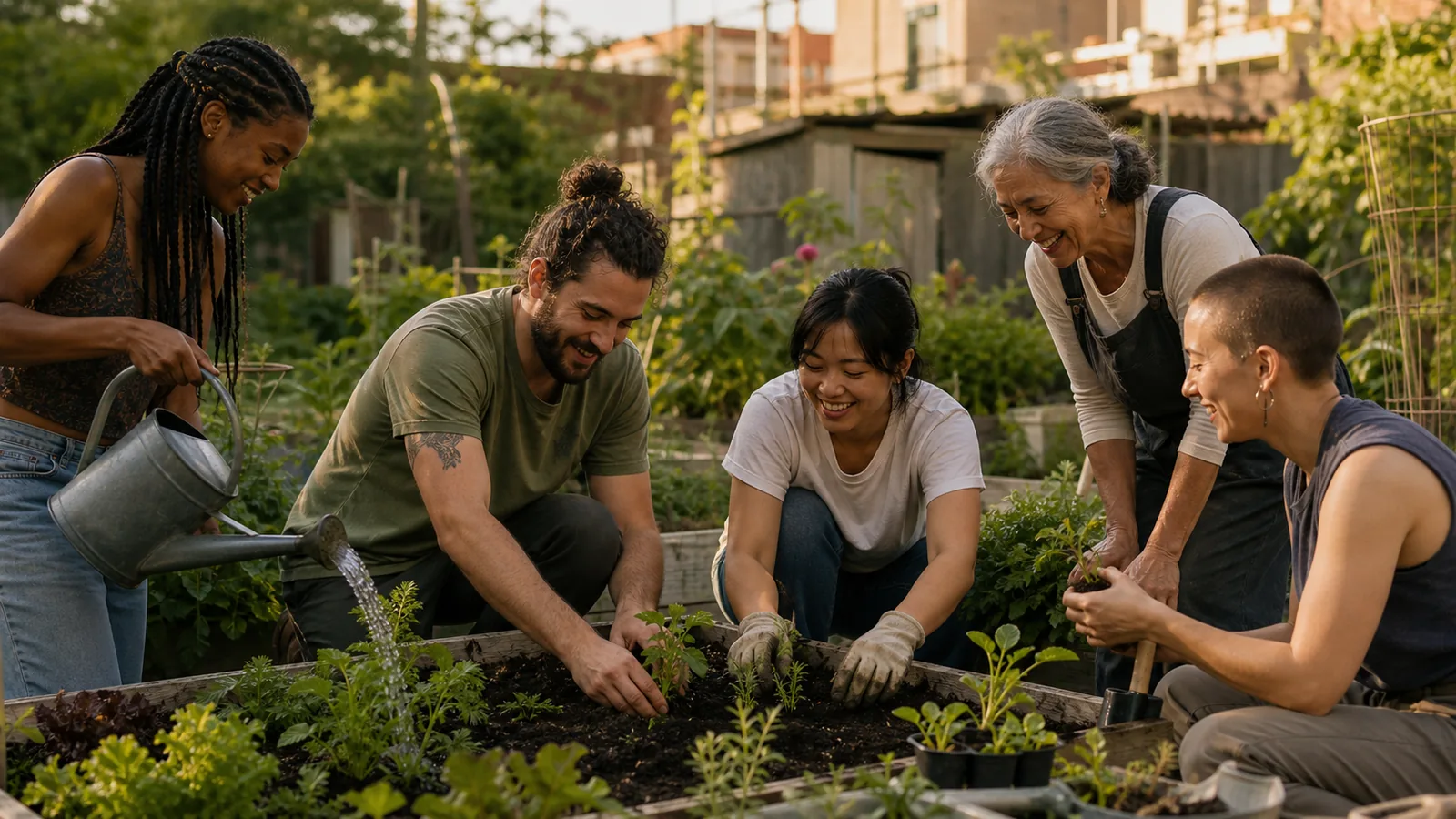 People gathering around a shared community garden project