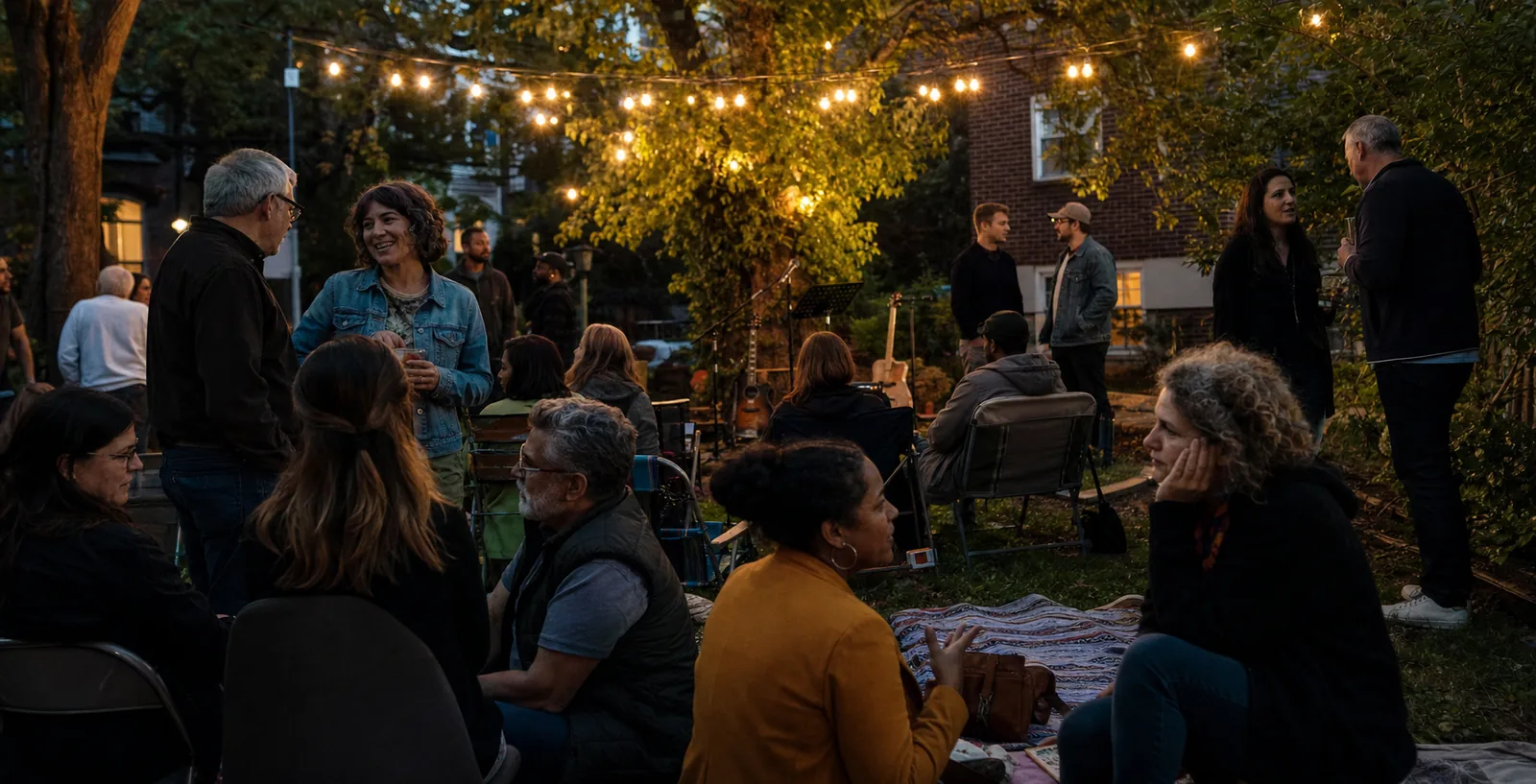 A larger evening community gathering with people talking under warm lights
