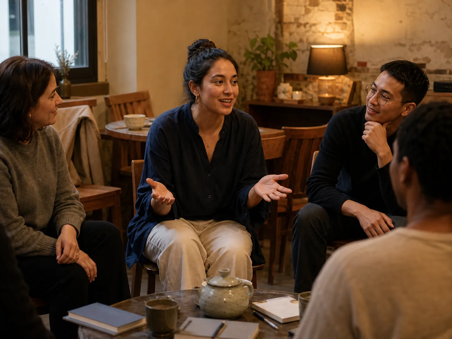 A community host welcoming people into a small interest-led gathering
