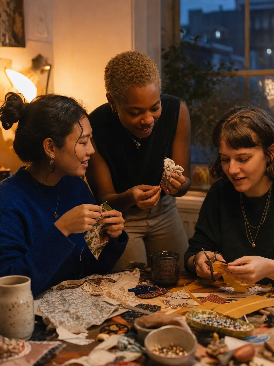 People making and talking together at a craft night